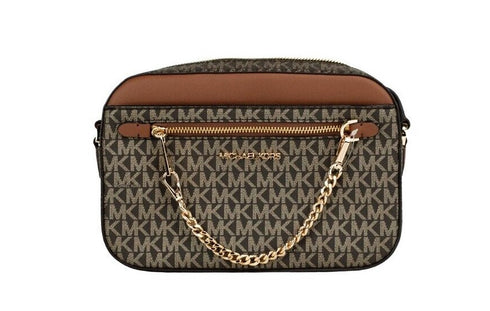 Michael Kors Jet Set Large East West Brown Gold PVC Zip Chain Crossbody Bag